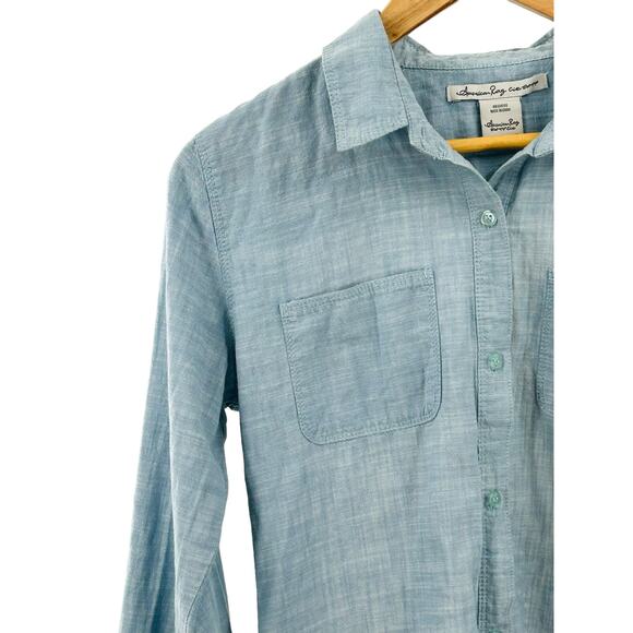 American Rag Chambray and Lace Crocheted Button-Down Top‎ Shirt - Small - Picture 8 of 12
